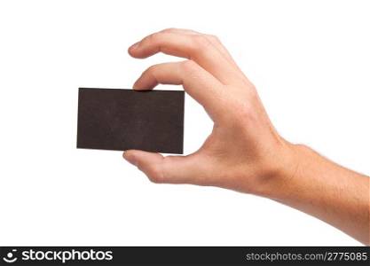 Businessman&rsquo;s hand holding blank paper business card, closeup isolated on white background
