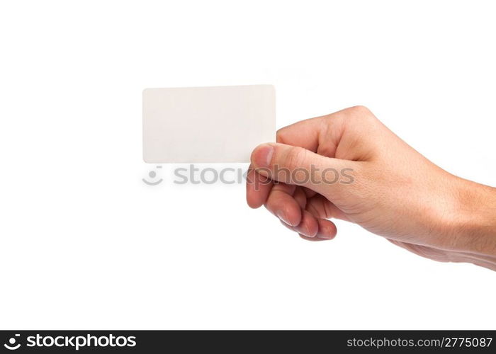 Businessman&rsquo;s hand holding blank paper business card, closeup isolated on white background