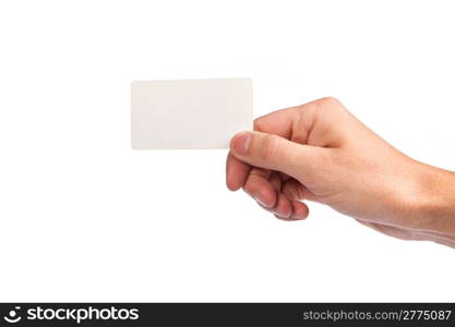 Businessman&rsquo;s hand holding blank paper business card, closeup isolated on white background