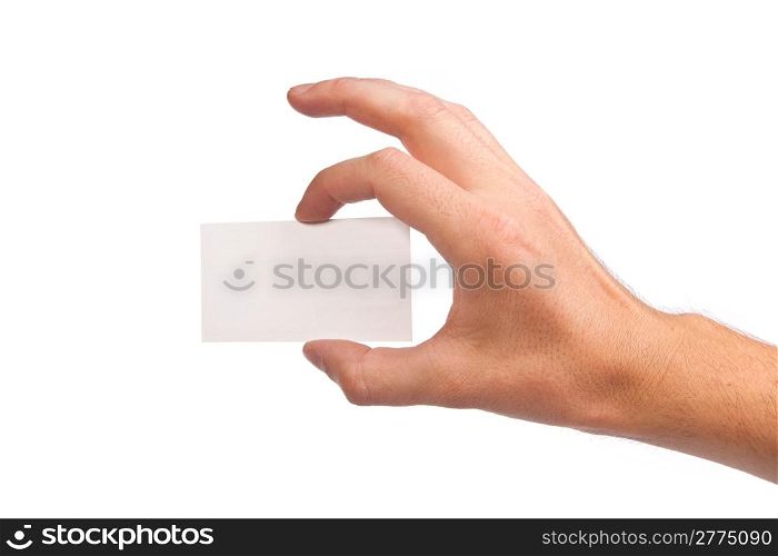 Businessman&rsquo;s hand holding blank paper business card, closeup isolated on white background