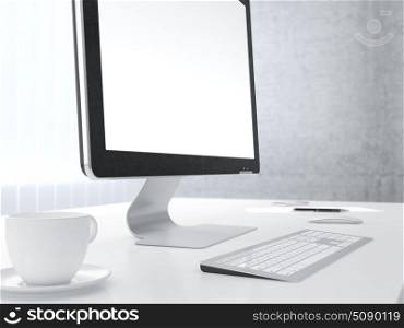 Businessman&rsquo;s place of work with with computer monitor cup of coffee keyboard and smartphone on white table