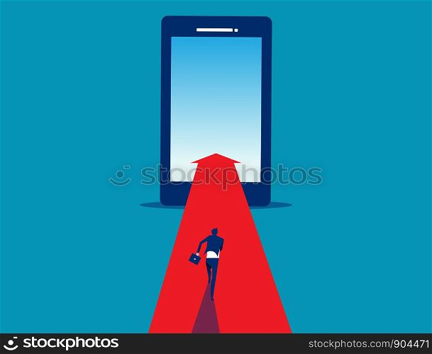 Businessman running go to smartphone. Concept business online marketing.