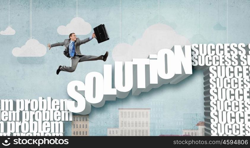 Businessman running on solution concept. Businessman running on solution word bridge over precipice