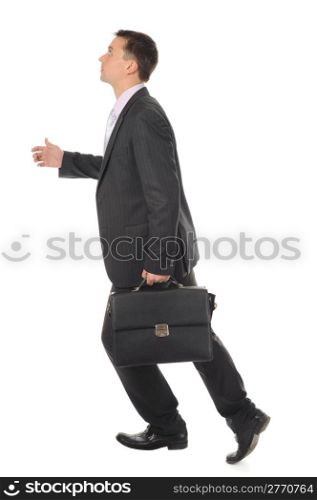 Businessman runs up the career ladder. Isolated on white background