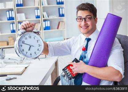 Businessman rushing to sports with clock. The businessman rushing to sports with clock