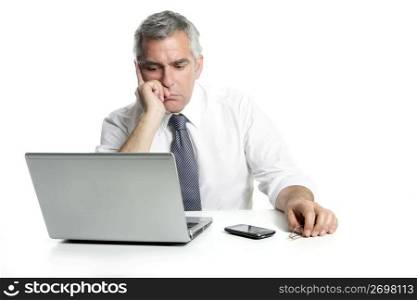 businessman sad senior thinking laptop computer white background gray hair