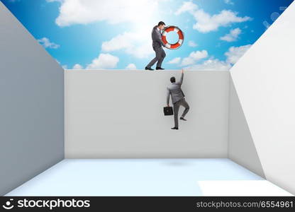 Businessman saving colleague with lifebuoy