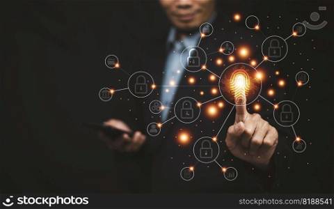 Businessman scan fingerprint for Digital transformation technology strategy, AI transformation of ideas and the adoption of technology in business in the digital age, enhancing