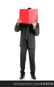 Businessman scared by bad news report, no face red folder