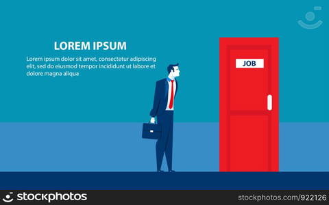 Businessman searching for job. Man standing candidate office room doors. Concept business illustration. Vector flat. Businessman searching for job. Man standing candidate office room doors. Concept business illustration. Vector flat