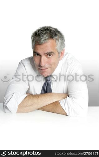 businessman senior portrait smiling relax white desk background