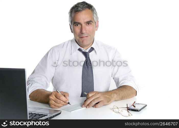 businessman senior signing bank check white desk happy gesture