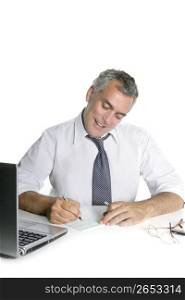businessman senior signing bank check white desk happy gesture