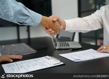 Businessman shaking hands successful candidate at interview. got the job in the team. Welcome aboard successful making a deal.
partnership meeting 