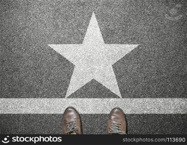 businessman shoes stand on road with star sign
