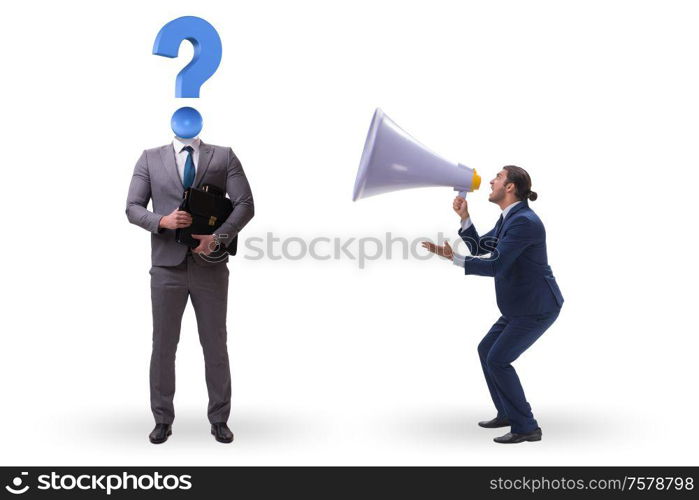 Businessman shouting through the large loudspeaker. Businessman shouting through large loudspeaker