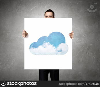 Businessman show cloud concept. Businessman holding banner with cloud computing concept