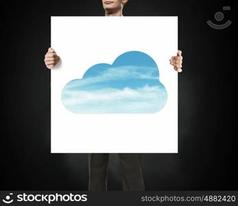 Businessman show cloud concept. Businessman holding banner with cloud computing concept