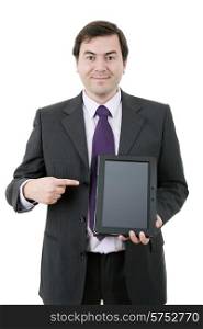 businessman showing a tablet pc, isolated