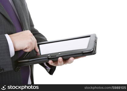 businessman showing a tablet pc, isolated