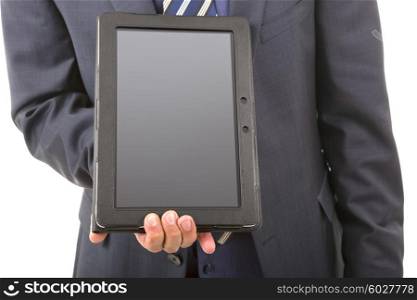 businessman showing a tablet pc, isolated