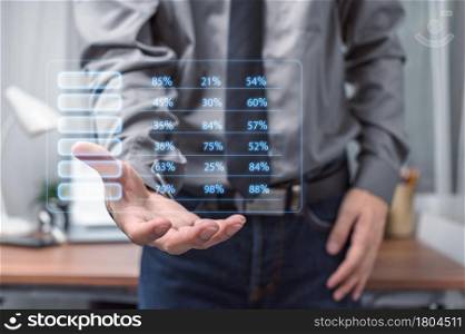 Businessman showing business information table