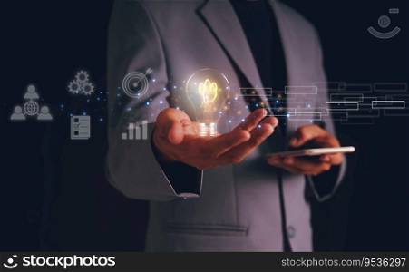 Businessman showing business process and workflow with virtual flowchart, planning and setting corporate growth goals, Business Process Optimization, Business solutions, success strategy steps