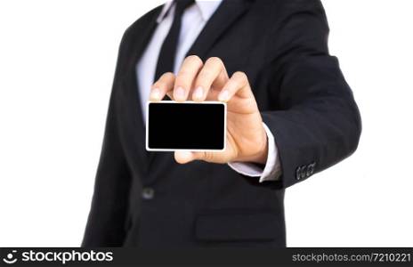 businessman showing empty card black screen on white background