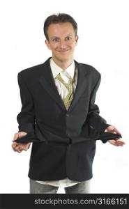 Businessman showing his empty pockets