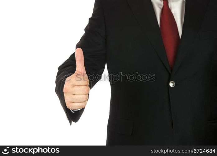 Businessman showing his thumb up on white background