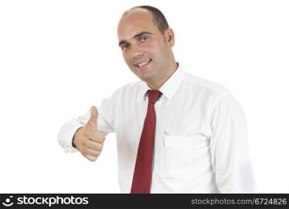Businessman showing his thumb up on white background