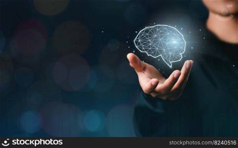 Businessman showing his virtual glowing brain on blue bokeh background. smart thinking concept and innovative ideas inspired
