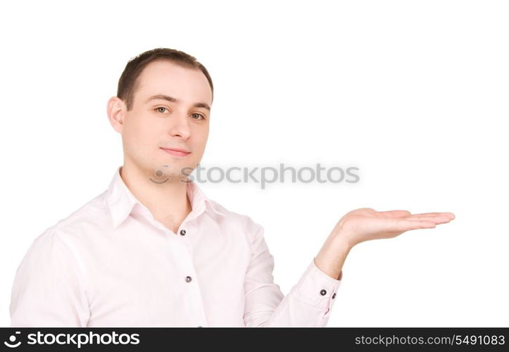 businessman showing something on the palm of his hand