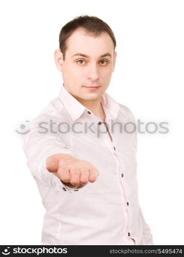 businessman showing something on the palm of his hand