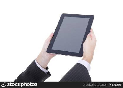 businessman showing touch pad, close up shot on tablet pc, isolated