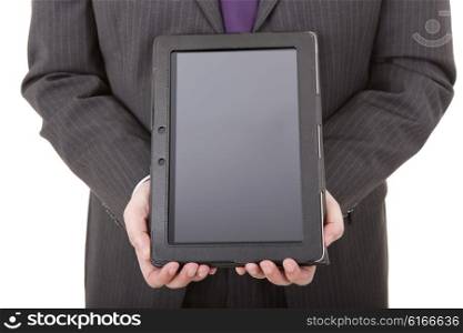 businessman showing touch pad, close up shot on tablet pc, isolated