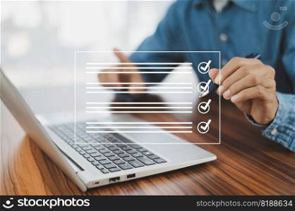 Businessman signature on visual screen for Electronic signature concept, business people sign electronic documents on digital documents, paperless office, future business contract signing.