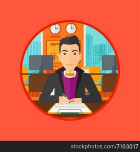 Businessman signing a business contract in office. Man is about to sign a business contract. Confirmation of transaction by signing of business contract. Vector flat design illustration in the circle.. Signing of business contract.