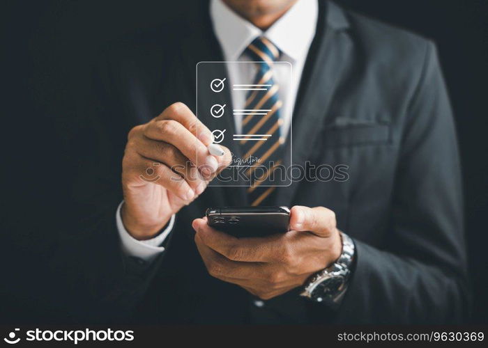 Businessman signs electronic documents on virtual screen using smartphone. Illustrates concept of electronic signature, e-signing, and paperless office. Agreement is established.