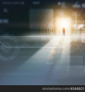 Businessman silhouette in media picture. Businessman silhouette standing against media picture background