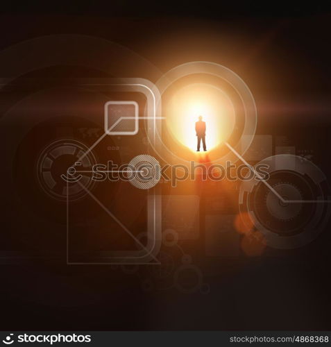 Businessman silhouette in media picture. Businessman silhouette standing against media picture background