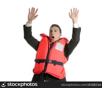 Businessman sinking in crisis, lifejacket metaphor isolated on white