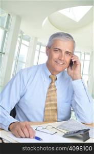 Businessman Sitting at Dest Talking on Cell Phone in office setting