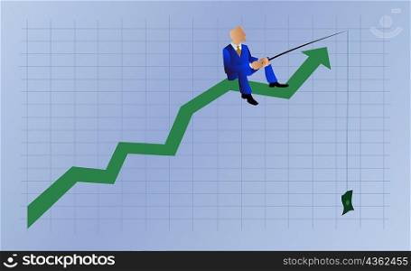 Businessman sitting on a line graph and holding a fishing rod