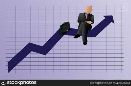 Businessman sitting on a line graph with a briefcase