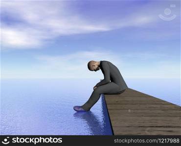 Businessman sitting on a pontoon feet in the water looking exhausted by day