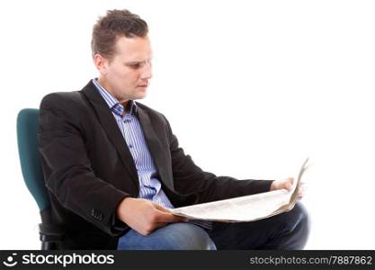 businessman sitting on chair reading a newspaper isolated on white background