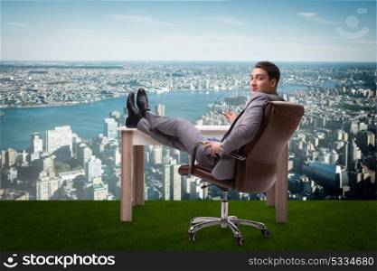 Businessman sitting on grass with city view
