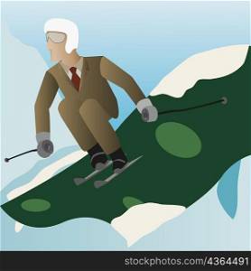 Businessman skiing down a slope