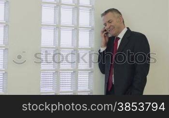 Businessman smiling and talking on the telephone in office